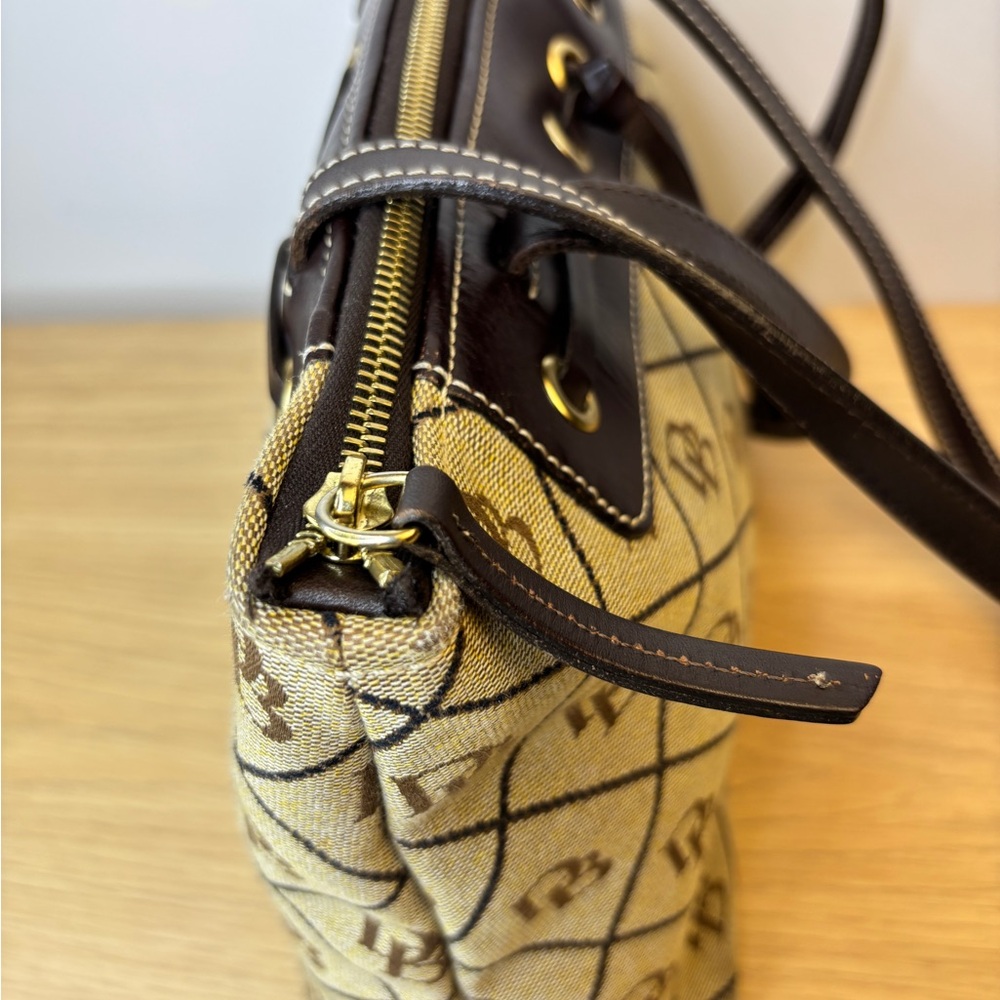 Dooney & Bourke Monogram Canvas Shoulder Bag Brown Leather Trim Tassel Beige - Picture 8 of 16